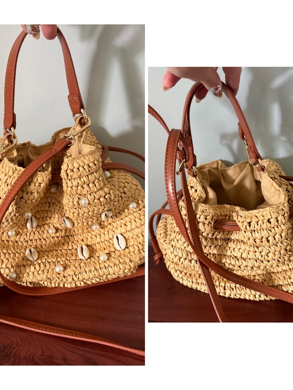 Women’s Straw Beaded Shell Bucket Bag - Tan